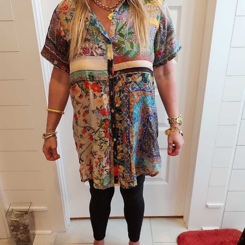 Johnny Was Multicolor Patchwork Shirt 100% Silk